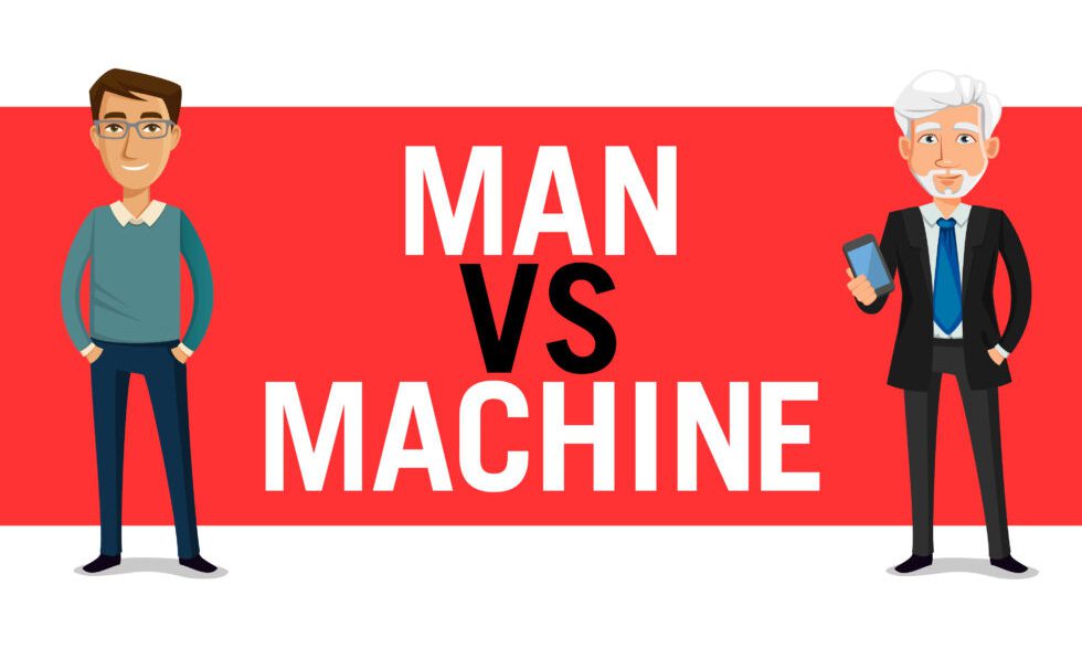 A red background with the words “Man vs Machine” and cartoon renderings of two men