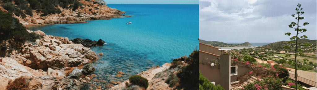 Bright blue water and a rocky coastline in Sardinia, Italy, alongside a floral-decorated balcony view of grassy hills with the ocean in the background