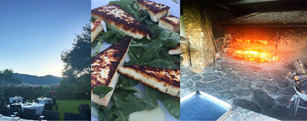 White-clothed tables dot a manicured lawn and garden; grilled ricotta cheese atop a bed of arugula; a fire in a stone room