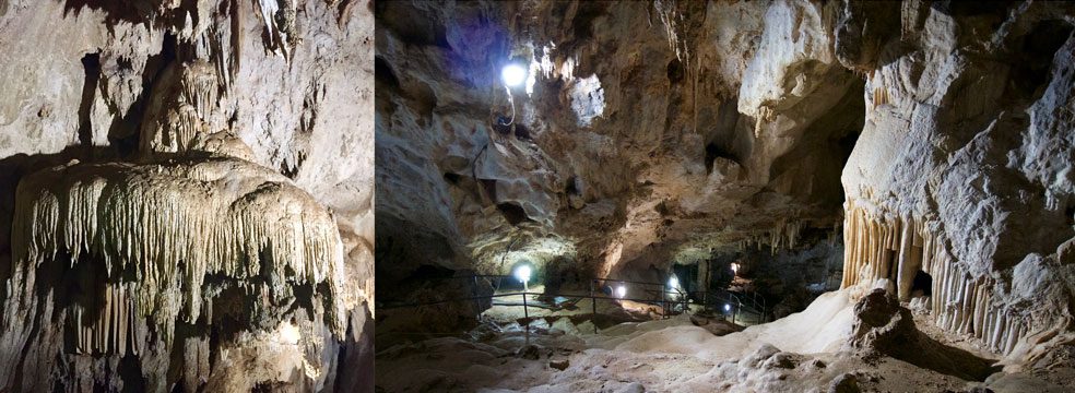 A view of underground stalagmites and stalactites alongside a wider look at a deep cave